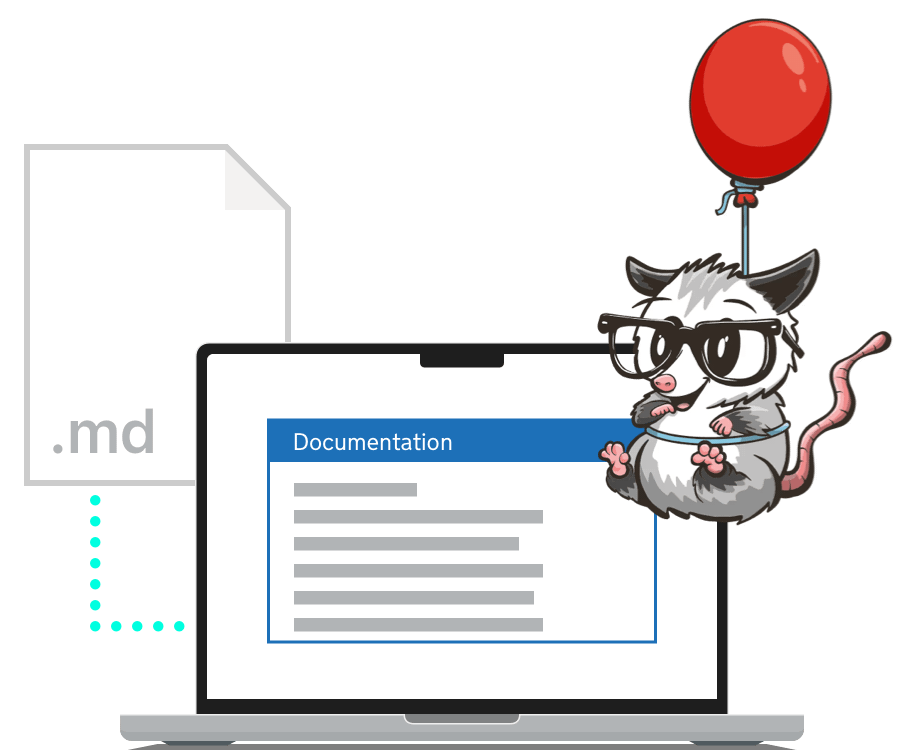 Eleventy’s possum mascot hanging on a red balloon and floating above a laptop.